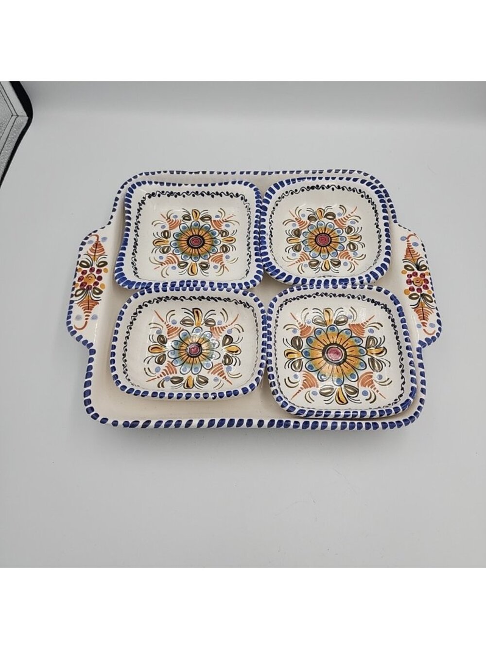Spain Talavera Pottery Square Platter Bowl With 4 Dipping Dishes Blue White